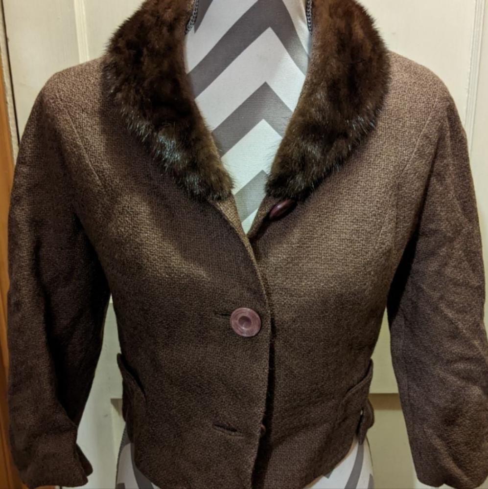 Vintage 1950s-1960s Tweed Long Sleeve Real Fur Collar Size Small/Medium